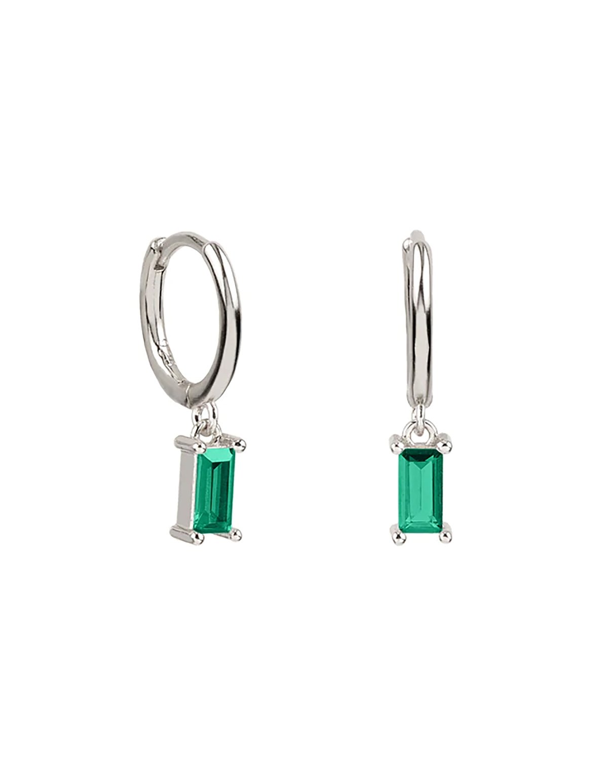 Emerald baguette hoops silver