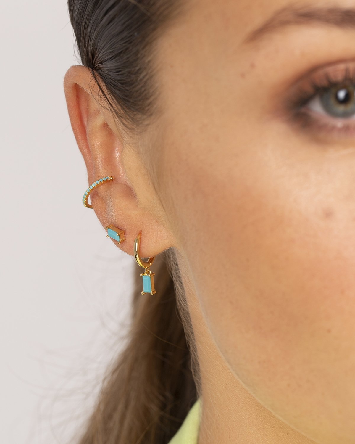 Turquoise baguette hoops gold