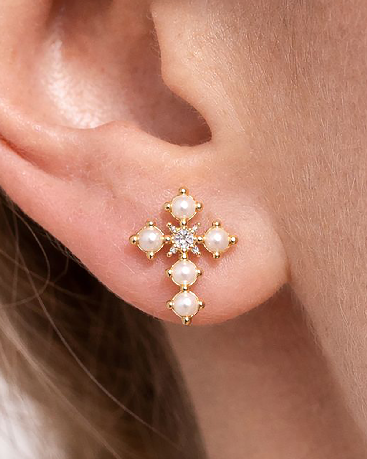 Cross Pearl Studs Gold