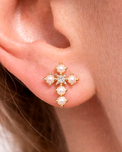 Cross Pearl Studs Gold