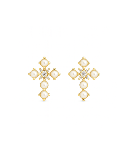 Cross Pearl Studs Gold