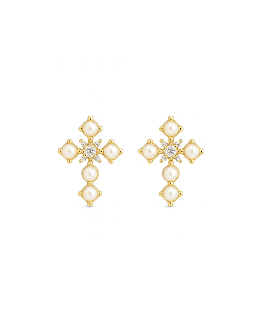 Cross Pearl Studs Gold