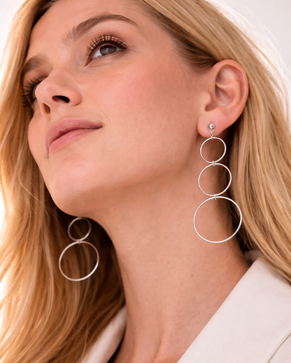 Triple Hoop Dangle Studs Silver
