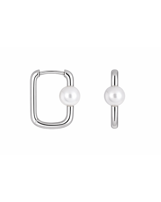Square Pearl Hoops Silver