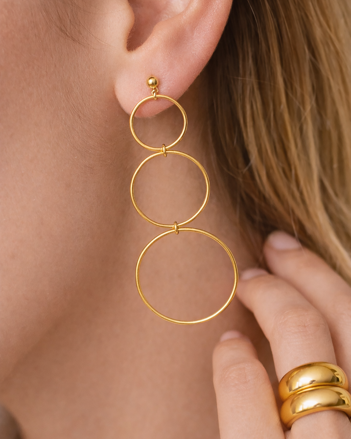 Triple Hoop Dangle Studs Gold