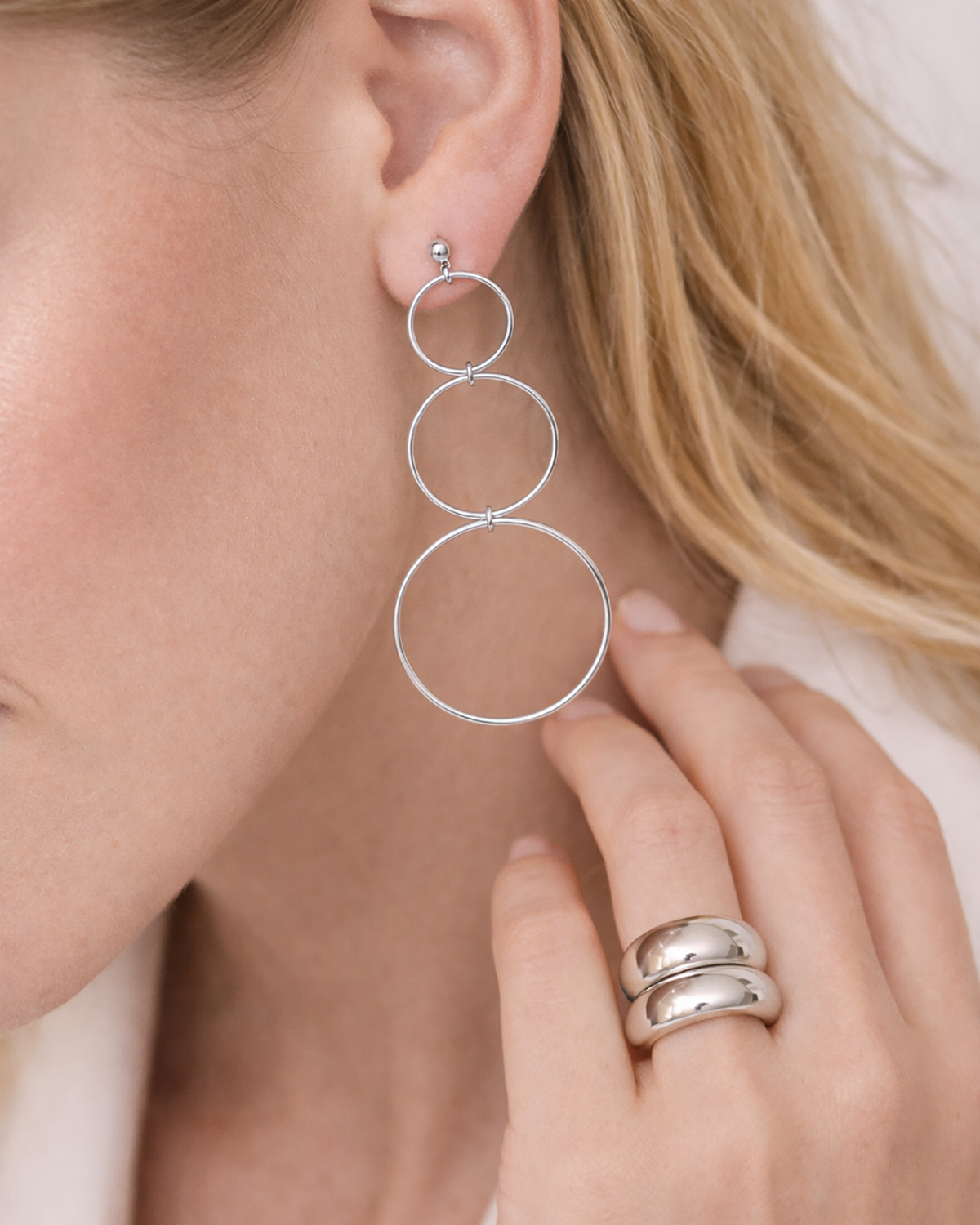 Triple Hoop Dangle Studs Silver