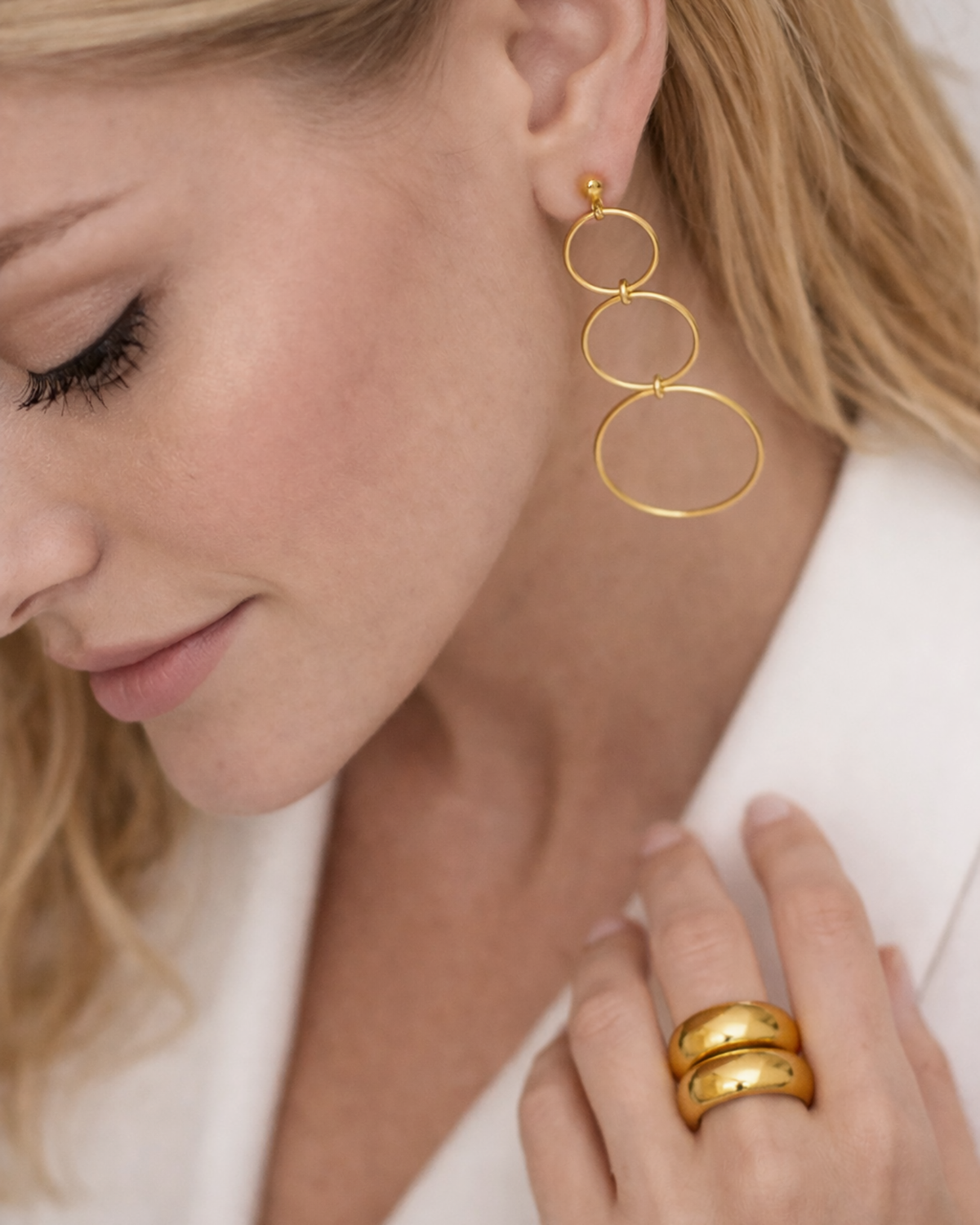 Triple Hoop Dangle Studs Gold